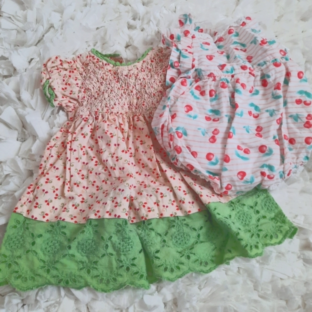 Retro Cherry Baby Bundle Bubble Romper & Lace Embellished Baby Dress GUC 6M
